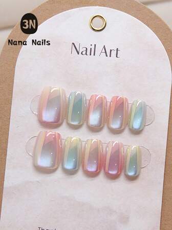 10Pcs Gradient Cat Eye Press On Nails - Short Ballet Shape, Candy Color, Glossy Finish, Easy To Apply And Reusable - Salon Quality Look Nail Supplies Nails