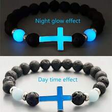 1pc Volcano Stone Night Glow Vintage Bracelet, Multicolor Luminous Cross Beads Jewelry For Boys And Girls,Bracelets For Women - 黑色 - 查看 3