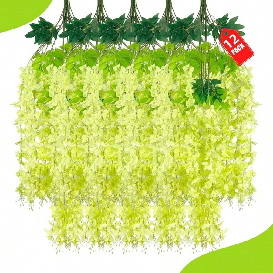 12pcs Teal Wisteria Hanging Flowers, 3.77 Ft Fake Hanging Flowers, Artificial Wisteria Garland Vines For Wedding Room Backdrop Outdoor Patio Garden Decoration - 綠色 - 查看 1