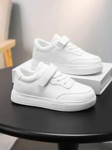 Yamepp 1 Paar Kinder Freizeitschuhe, einfarbige schlichte weiße Sneaker, Klettverschluss, leicht & bequem für die Schule