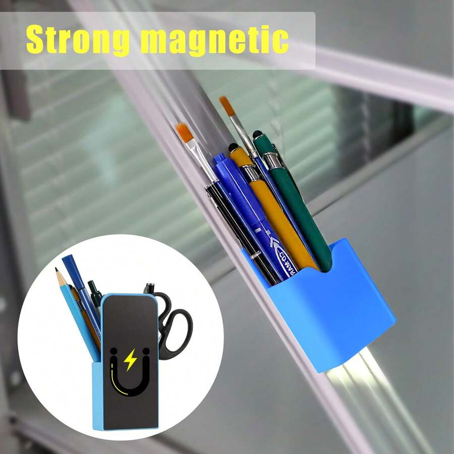 1pc Magnetic Dry Erase Whiteboard Marker Storage Rack, Adjustable Compartment Magnetic Pen Box, Writing Board Chalk Storage Box, Locker Storage Device, Suitable For Whiteboard, Refrigerator, Remote Control Rack, Office, Home, Kitchen, School, Magnetic Cup, Blackboard Storage Pen Holder, Multiple Types, Multi-Color Options