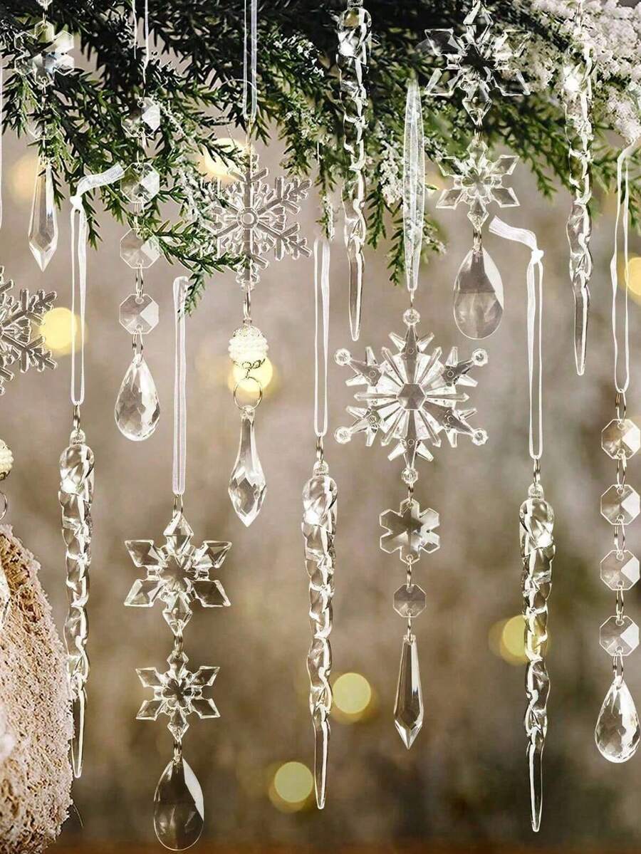 10pcs Christmas Tree Decoration Crystal Ornaments - Hanging Acrylic Christmas Snowflake Icicle Drop Crystal Ornaments For Xmas Tree Winter New Year Party Supplies,Christmas