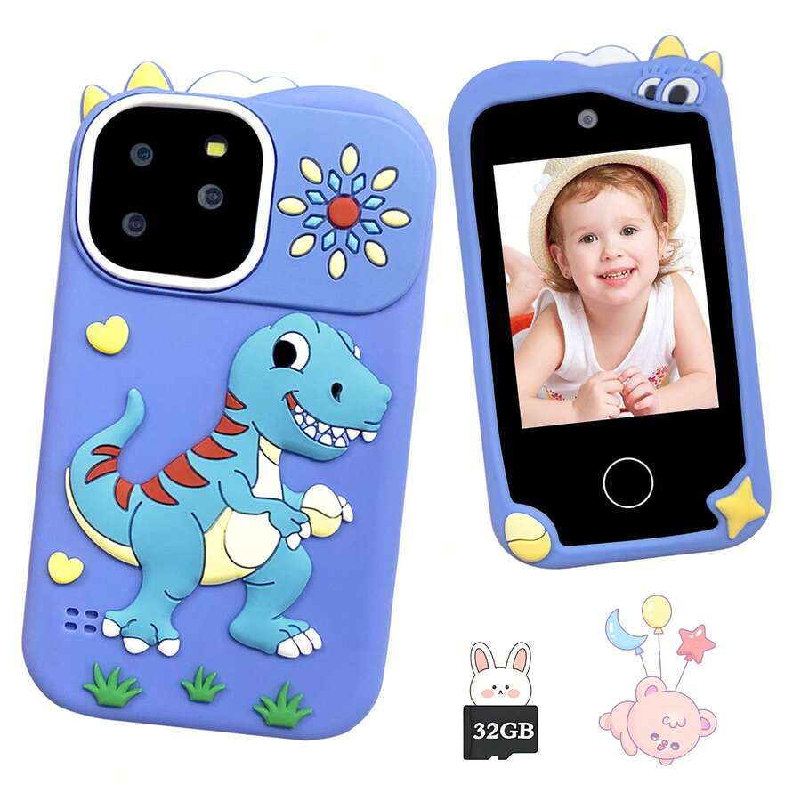 Neues Dinosaurier Kinder Smartphone Spielzeug, 2,8 Zoll HD Touchscreen Lernspielzeug mit 18 Spielen & Musikplayer, 32GB Speicher + stoßfeste Doppelhülle, bestes Halloween- und Ostergeschenk für 3-8 Jahre alte Jungen & Mädchen