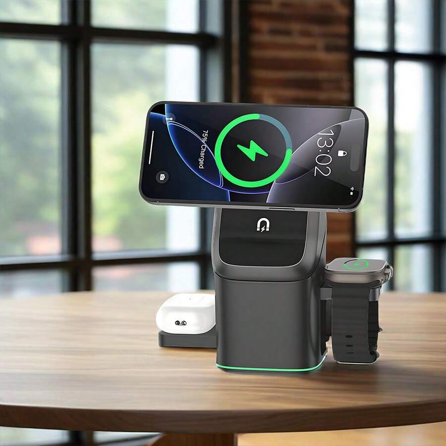 محطة شحن لاسلكية 3 في 1، محطة شحن لاسلكية محمولة، حامل شحن لاسلكي قابل للتدوير، مناسب لموديلات هواتف محمولة وسماعات رأس متنوعة، متوافق فقط مع ساعات أبل