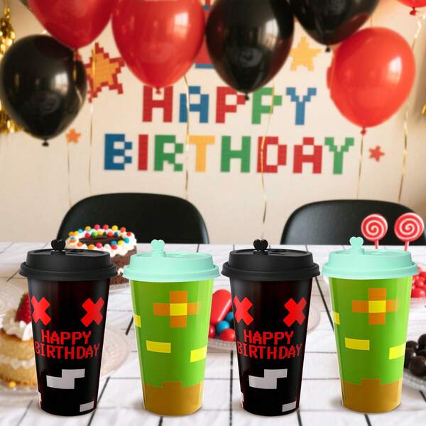 4 Stücke Pixel-Motiv Partybechern, ideales Set für eine Pixel-Party, wiederverwendbare modische Partybechern, perfekte Wahl zur Dekoration einer Pixel-Stil Party und Geburtstagsfeierlichkeiten