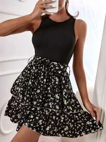 Mujer Floral Color Block Multi Layered Vest Cami Dresses - Negro - Ver 2