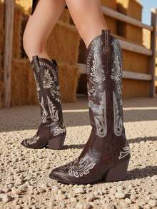 Brown Cowgirl Outfits For Women Boots  Knee High Pointed Toe Thick Heels Festival Shoes Fashion Country Concert Combat Boots For Women - Màu nâu Sô-cô-la - Xem 8