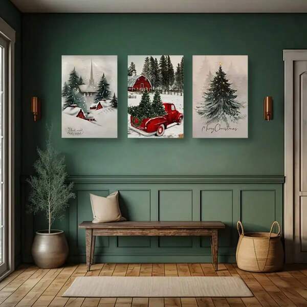 3 pièces Joyeux Noël, peinture murale de style ferme pour Noël, peinture murale d'hiver, décoration de fête, décoration confortable, impression d'arbre de Noël, décoration de Noël pour la maison, logo de Noël, affiche murale sur canevas, cadeau idéal pour la chambre, le salon et le couloir