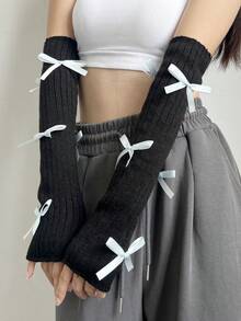 1 par de guantes sin dedos de punto con 5 decoraciones de moños cruzados, estilo lindo y dulce, adecuado para deportes, fiestas de cumpleaños, citas nocturnas, uso diario - 358# - Ver 20