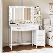 HEXCELEN Dressing Table, Dressing Table With Large Mirror, Vanity Table With 5 Drawers, 5 Open Compartments, Storage Space In Front Of The Mirror, Modern, White, 40 * 110 * 141 Cm - Phích cắm loại C của EU (220-240V) - Xem 3