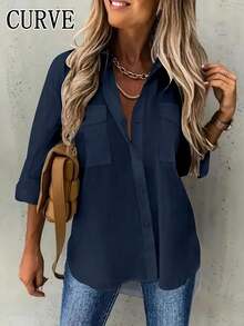 Plus Size Solid Color Casual Polo Shirt Spring - Navy Blue - View 1