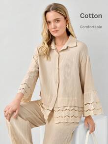 Miaspire 2 件女士休闲单扣长袖 100% 纯棉衬衫和裤子套装，宽松版型，秋冬女装两件套秋季套装棕色套装女士秋季套装女士服装套装 - 杏色 - 查看 1