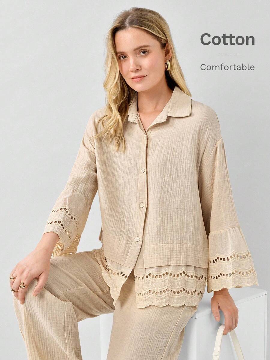 Miaspire 2 件女士休闲单扣长袖 100% 纯棉衬衫和裤子套装，宽松版型，秋冬女装两件套秋季套装棕色套装女士秋季套装女士服装套装 - 杏色 - 查看 1