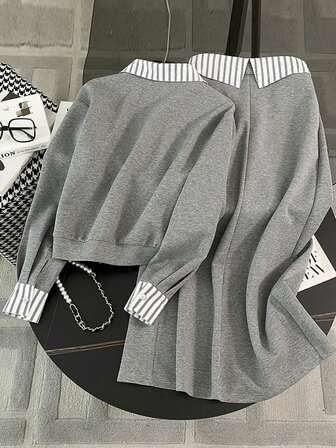 Dammode Randig Färgblockslappnad Grå Sweatshirt Pendlarkostym, 2-i-1 Topp Och Kjol Set