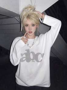 女士宽松卡通印花长袖棉质T恤，百搭春秋装 - 白色 - 查看 2