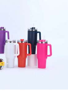 1pc 40OZ Portable 304 Stainless Steel Insulated Mug With Handle And Straw