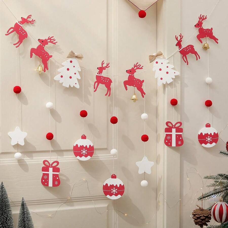 1 set Brad de Crăciun CRĂCIUN FERICIT, Reni, Moș Crăciun, Banner roșu pentru decorarea petrecerii cu cadouri, Ornament agățat cu pom-pom - Multicolor - Vizualizare 1