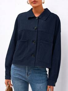 Women's Faux Suede Cropped Jacket Casual Fall Fashion  Button Down Winter Coats Outerwear  Fashion Clothes - 藏蓝色 - 查看 5