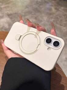 1pc Luxury Liquid Silicone Matte Invisible Ring Holder Stand Case Compatible With IPhone16 15 14 13 12 11 Pro Plus Max Wireless Charge Waterproof Shockproof Anti-Fall Scratch Resistant - Antique White - View 2