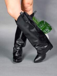 Botas altas para mujer de piel sintética, punta afilada, sin cordones, tacón medio, estilo vaquero vintage para fiestas y calle - Negro - Ver 2