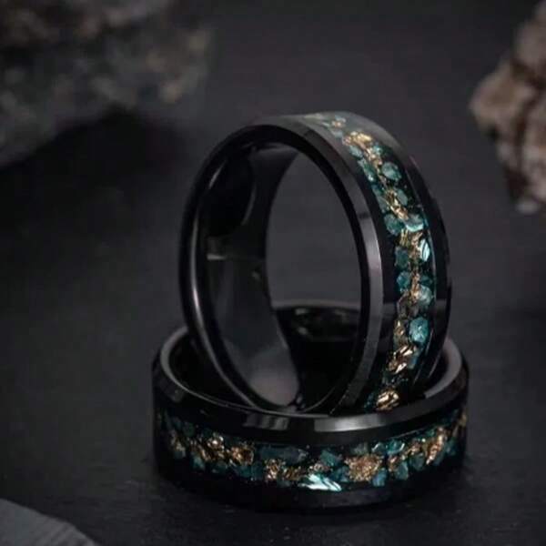 1pc Green Coral Chip & Gold Foil Accent Successful Person Symbol Stainless Steel Ring, Durable, Suitable For Daily Wear & Gifting