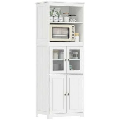  HOMCOM Freestanding Kitchen Cupboard, 4-Door Storage Cabinet With Adjustable Shelf And Glass Doors For Dining Room, Living Room, White