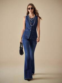 Selenza 女士简约日常喇叭牛仔裤 西方女装 - 深色水洗藍 - 查看 3