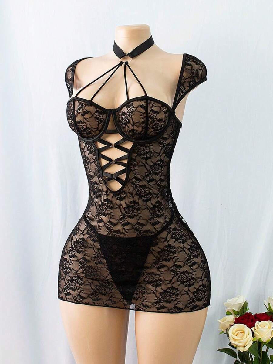 weiweihu Exotic Charm Sexy Black Lace Embroidered Pajama Set With Adjustable Straps And Thong Panties, Knee-Length, Transparent Lace Detail, No Lining, Comfortable Polyester Fabric, Adjustable Sleepwear Elegant Sleepwear Intricate Lace Detailing Exotic Charm Sexy Black Lace Embroidered Pajamas Set, With Adjustable Shoulder Straps And Thong Panties, Knee-Length, Transparent Lace Details, Unlined, Comfortable Polyester Fabric, Adjustable Pajamas, Elegant Pajamas.Halloween Costumes Women - 黑色 - 查看 1
