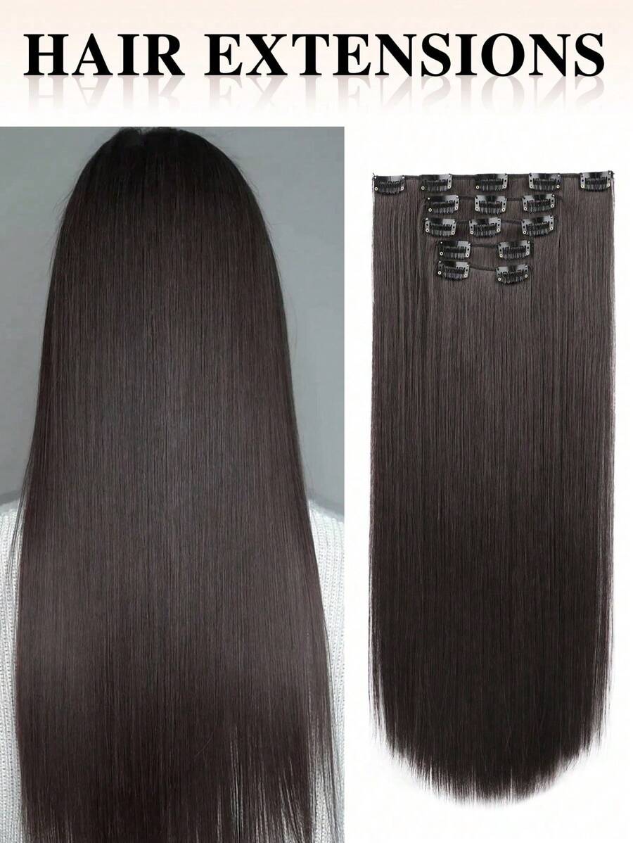 nimoki 5入組夾式髮片,長直合成纖維夾式髮件,適用於女性