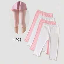 4 Pairs Summer Girls/Kids/Infants Ruffle Edge Capri Leggings, White/Gray/Black/Pink Solid Colors, Thin 3/4 Length Pants, Casual Cute Fashion, Soft & Comfortable Bottoms, Suitable For Daily Wear, Can Be Paired With Tops Or Skirts
