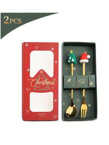2pcs/Set Cute Christmas Spoon + Christmas Fork - Santa Claus Figurine Spoon + Fork Set - Cartoon Adorable Christmas Gift Set