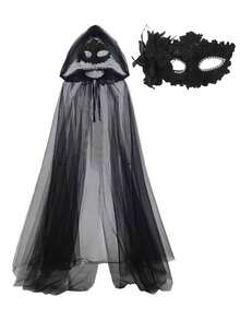 2 piezas/1 pieza Capa larga de malla gótica oscura con capucha de estilo europeo y americano de doble capa para celebración de Halloween, disfraz unisex de bruja; Combo de accesorios para fiesta de vacaciones. Capa larga de malla gótica oscura con capucha de doble capa, unisex. Nuevo conjunto de chal de unicolor retro con cordón y máscara de media cara, capa de novia vampiro