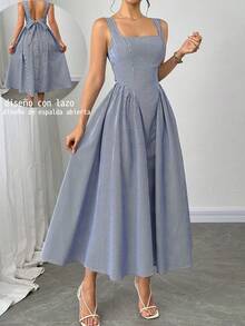 Firerie Vestido midi entallado con cuello cuadrado, decoración de lazo y diseño a rayas azul y blanco. Vestido elegante y retro para el verano, vacaciones, primavera/verano, uso diario, elegante, vacaciones, playa y citas románticas. - Azul Marino - Ver 1