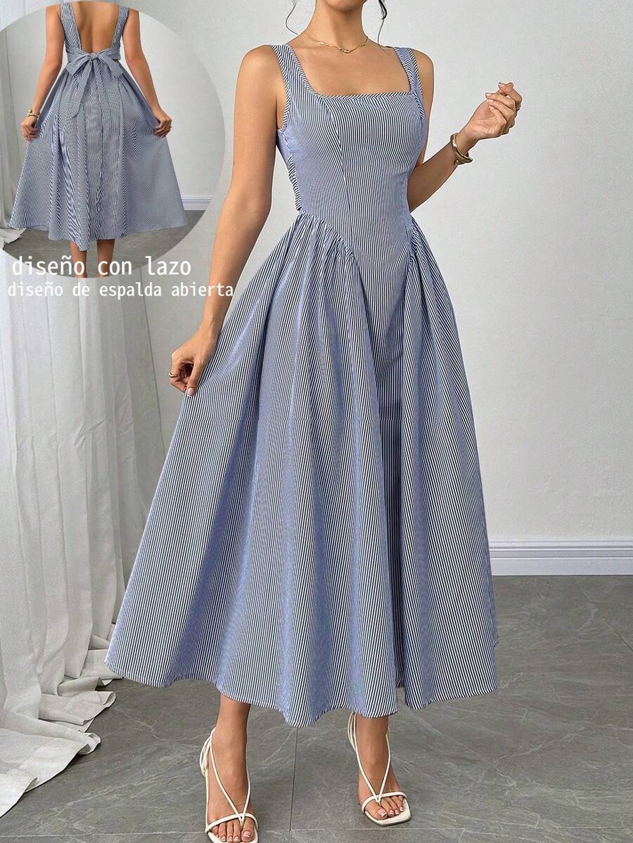 Firerie Vestido midi entallado con cuello cuadrado, decoración de lazo y diseño a rayas azul y blanco. Vestido elegante y retro para el verano, vacaciones, primavera/verano, uso diario, elegante, vacaciones, playa y citas románticas. - Azul Marino - Ver 1