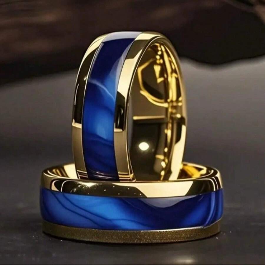 1 pieza Anillo con baño de oro y fondo azul, anillo de hombre de negocios, regalo de joyería para aniversario/boda