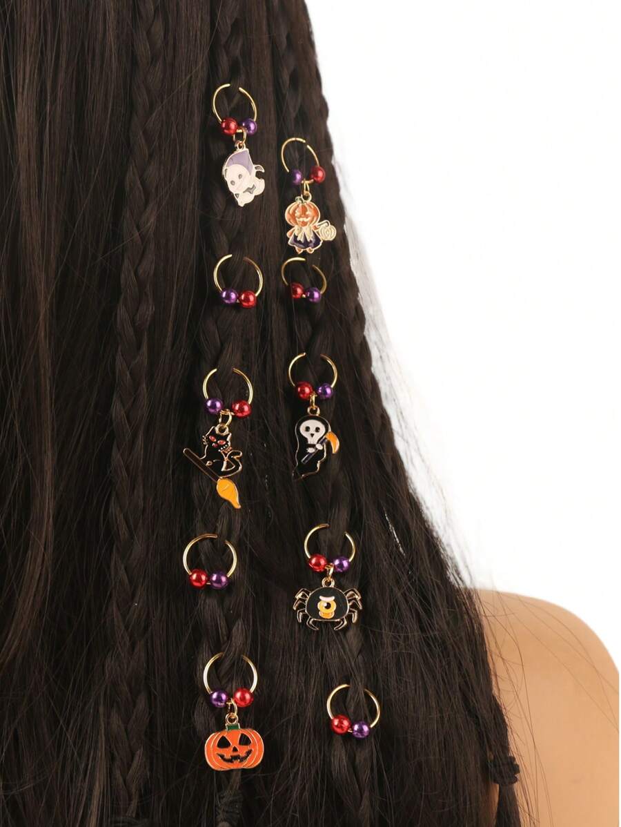 10pcs Halloween Women Dreadlock Hair Rings, Braids Decoration, Halloween Accessories, Hair Clips, Claw Clips, Hair Claws, Clips For Hair, Hair Slide, Hair Barrettes