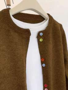 Áo khoác cardigan dài tay cổ tròn cài cúc nhiều màu sắc cho nữ cỡ lớn, trang phục lễ hội thu đông cho nữ, áo dự tiệc màu nâu. - màu nâu - Xem 5