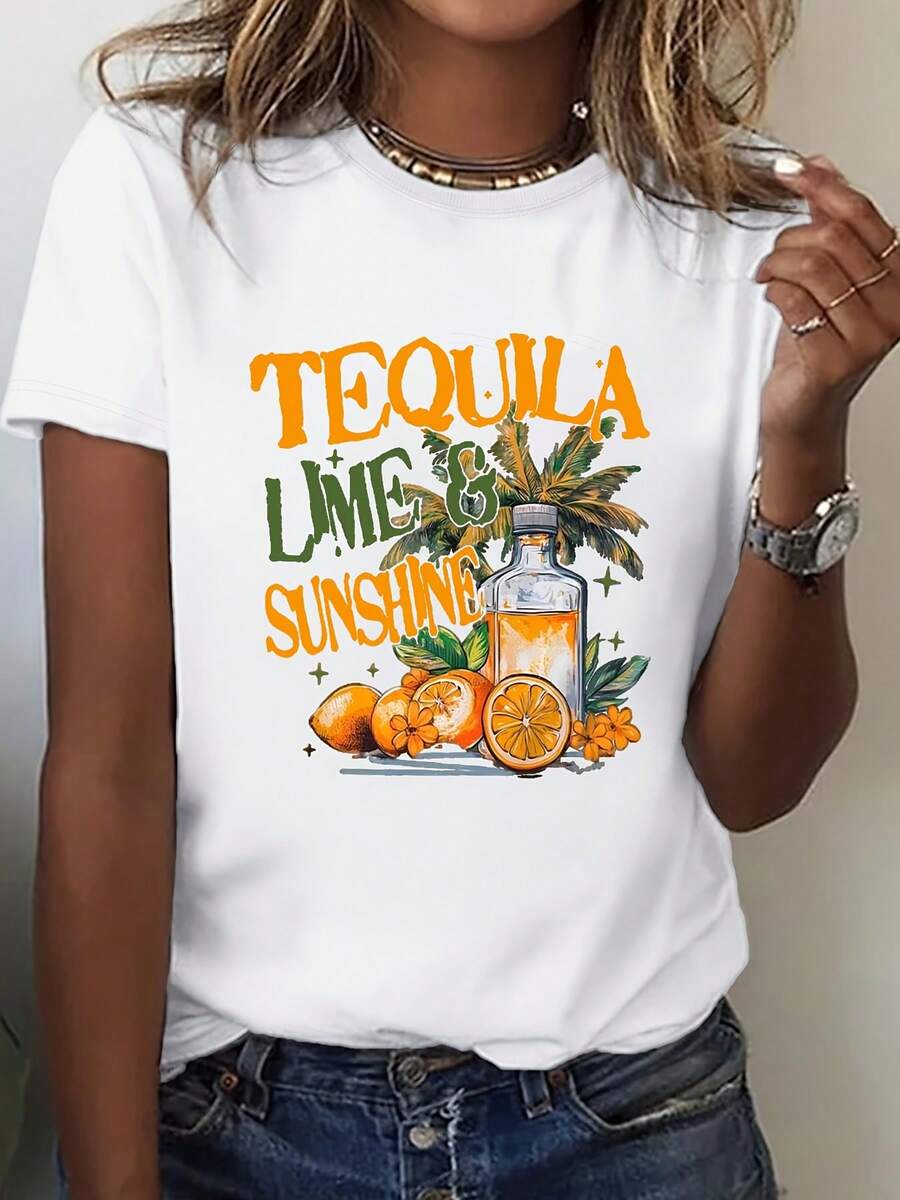Tequila & Lime Cocktail Bar Graphic Printed T-Shirt Fashion Short Sleeve Shirt Graphic T-Shirt Fashion Round Neck Shirt Casual,220g - 白色 - 查看 1