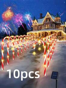 10-In-1 Solar Powered Christmas Candy Cane Lights - 5/8/10 Pcs Set, 8 Flashing Modes, Holiday Red & White Striped Design, Auto Charging Under Sunlight, Auto Lighting At Night, Warm White LED Outdoor Decor, Outdoor Holiday Decoration, Christmas Ground Stake Lights, Star-Shaped Design, Ideal For Holiday Gifts, Holiday Decor, Outdoor Lighting