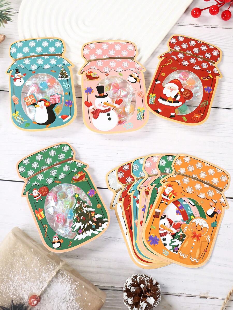 12Sets Christmas Jar Shaped Gift Card With Candy Bags, Christmas Decorations, Gift Card With Snowman Santa Claus Gingerbread Man Reindeer Design, Merry Christmas Decorations, Holiday Festive Decor, Christmas Gift, Xmas Decor, Christmas Present Cards For Family Friend - Multicolor - View 1