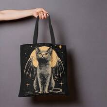 Bolsa de lona con impresión de gato negro con alas de estilo gótico vintage por ambos lados, bolsa de almacenamiento portátil de estilo academia de animales, bolsa de playa de ocio, bolsa de diseño estilo academia bohemia, bolsa de la compra, adecuada para el hogar, ir y venir, vacaciones, escuela, regalos, 16in*14in