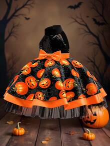 Vestido de princesa preto com estampa de abóbora e decote halter para bebês, ideal para festas de fim de ano. - Preto - Ver 3