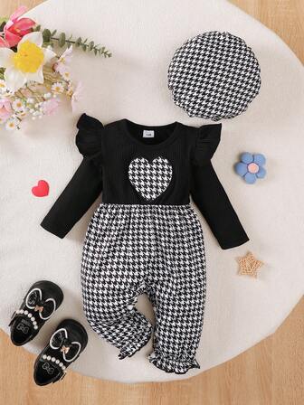 2件套新生女宝宝千鸟格爱心印花长袖连体衣和帽子，秋季套装