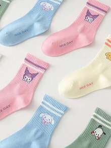 Sanrio 5 Pairs Of Spring And Summer Women'S Solid Color Double Striped Cartoon Pattern Comfortable Soft Mid-Calf Socks, Polyester Blend Casual Style, Suitable For Gifts/Back To School Season Wear