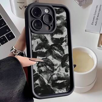1pc Gray & Black Lip Print Creative INS Style Lipstick, Sexy Lips Design, Matte Black Lens Frame Stair Design Soft Protective Phone Case Compatible With OPPO/VIVO/HONOR/Apple/REALME/