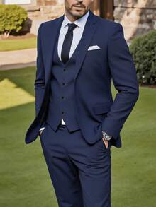 3-Piece Solid Color Men's Suit Set, Regular Fit, With Pockets And Buttons, Suitable For Going Out On Dates, Anniversary Photoshoots, Formal Occasions, Dinners, And Daily Wear, (Applicable For) Valentine's Day - Màu xanh hải quân - Xem 1