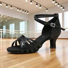 1 Pair Women's Latin Dance Shoes, Soft-Sole, Mid-Heel, Satin Material, Professional Dance School Performance Shoes