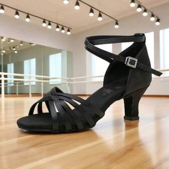 1 Pair Women's Latin Dance Shoes, Soft-Sole, Mid-Heel, Satin Material, Professional Dance School Performance Shoes