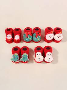 2/5 pares de calcetines rojos de Navidad para bebés unisex niños y niñas - Diseño 3D de Papá Noel, muñeco de nieve, árbol de Navidad y corona, artículos esenciales para bebés en el hogar, cumpleaños, festivales y viajes, calcetines para bebés recién nacidos para otoño, invierno y uso diario