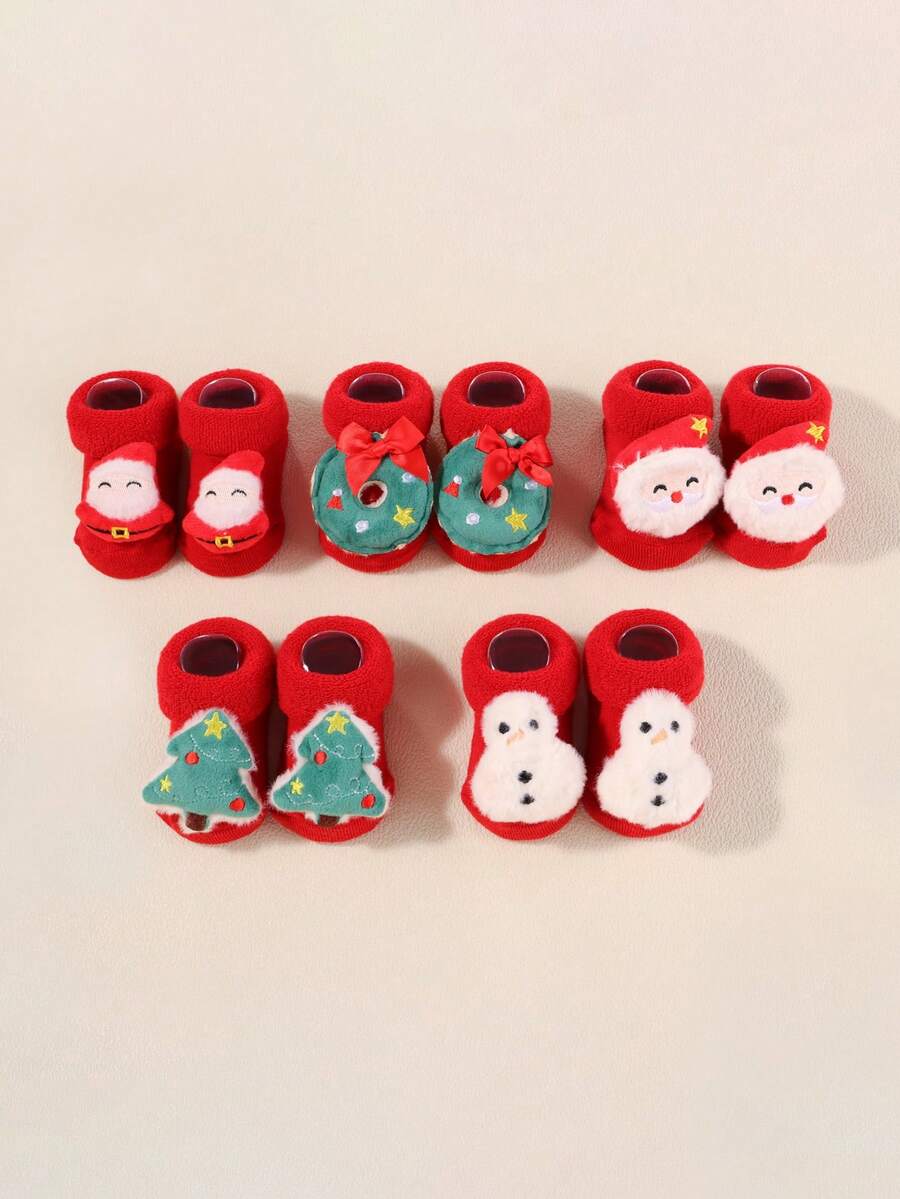 2/5 pares de calcetines rojos de Navidad para bebés unisex niños y niñas - Diseño 3D de Papá Noel, muñeco de nieve, árbol de Navidad y corona, artículos esenciales para bebés en el hogar, cumpleaños, festivales y viajes, calcetines para bebés recién nacidos para otoño, invierno y uso diario
